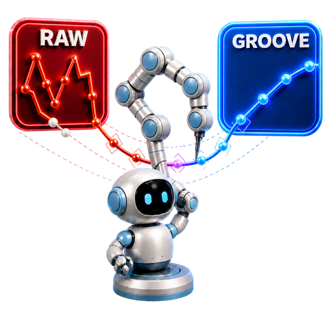 GROOVE mascot: a robot smoothing a jagged raw trajectory into a clean one